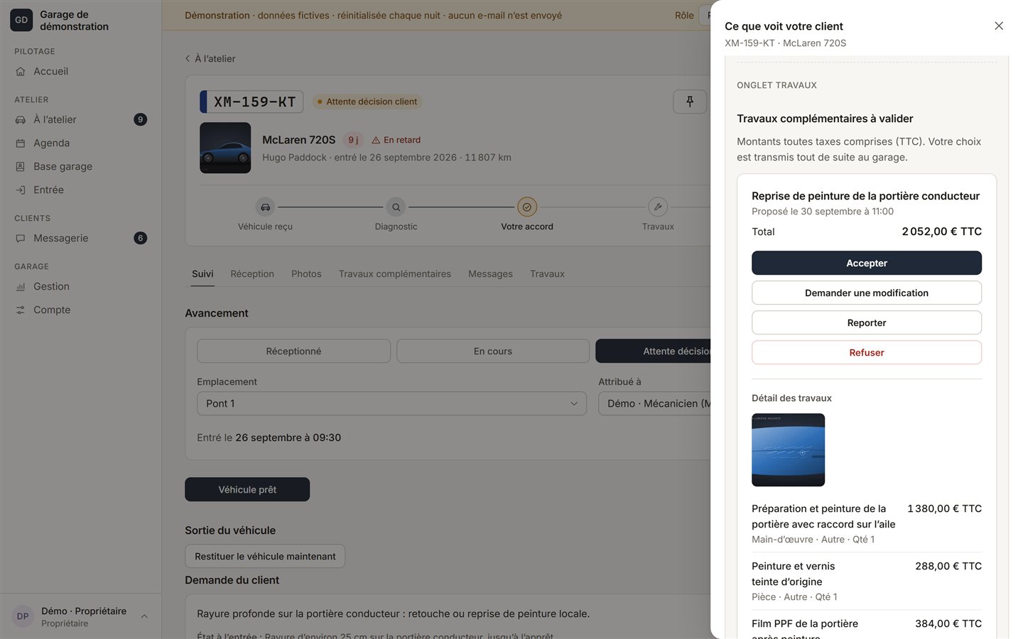 Page client : travaux complémentaires à valider avec le bouton Accepter