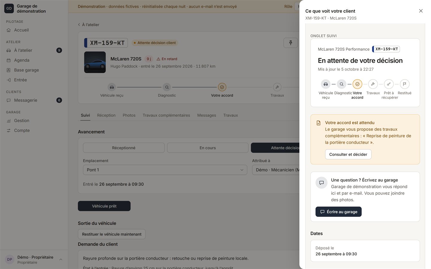Page client : frise d’avancement et demande d’accord